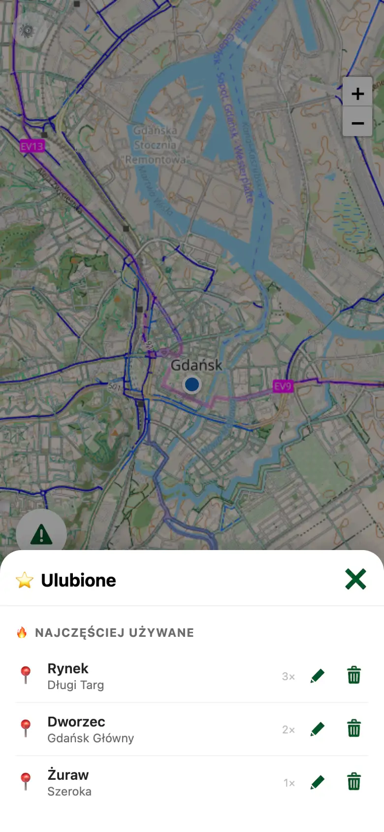 Lista ulubionych miejsc z sekcją „Najczęściej używane”