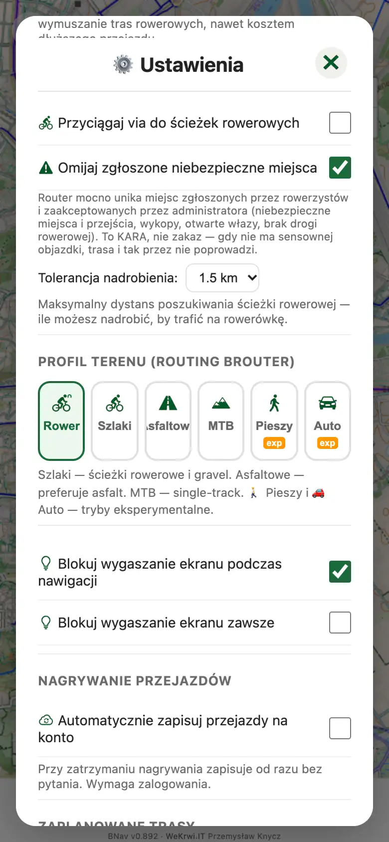 Ustawienia: wybór profilu terenu, tolerancja nadrobienia i omijanie zgłoszonych niebezpiecznych miejsc